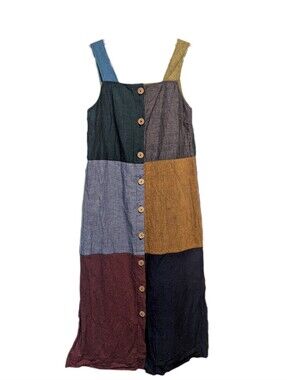 Gorman Spliced Linen Patchwork Button Down Summer Maxi Dress Wooden Buttons -S-